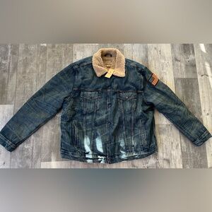 Polo Ralph Lauren Trucker Jacket Denim Sherpa Lined American Flag Mens Size 2XLT